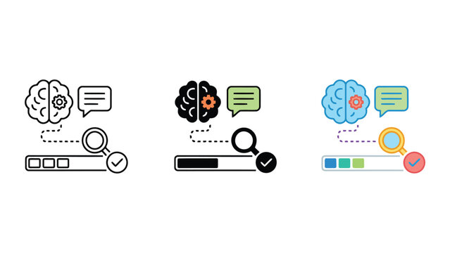 Brain research and data search icon set with magnifying glass and loading bar for cognitive analysis and information processing concepts in three professional graphic styles for digital media
