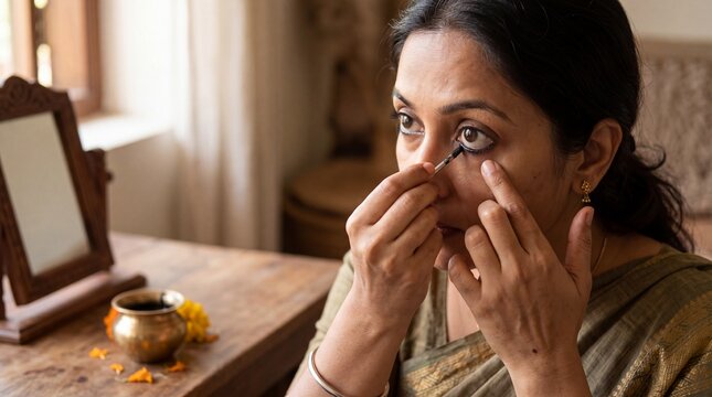 Woman applying traditional kohl eyeliner with a silver tool