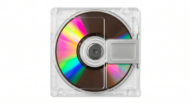 Retro Clear MiniDisc Cartridge Showing Iridescent Rainbow Disc Surface