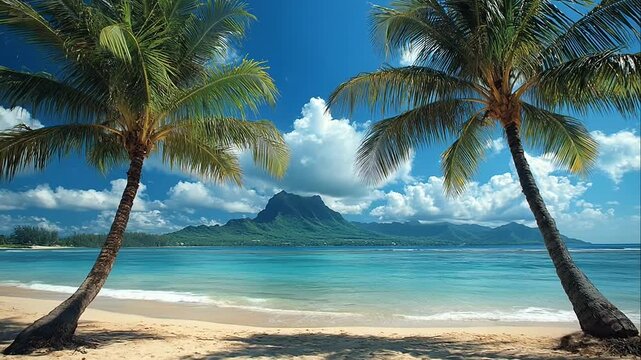 Two palm trees on a tropical white sand beach overlooking a turquoise lagoon and mountain peak under a clear blue sky