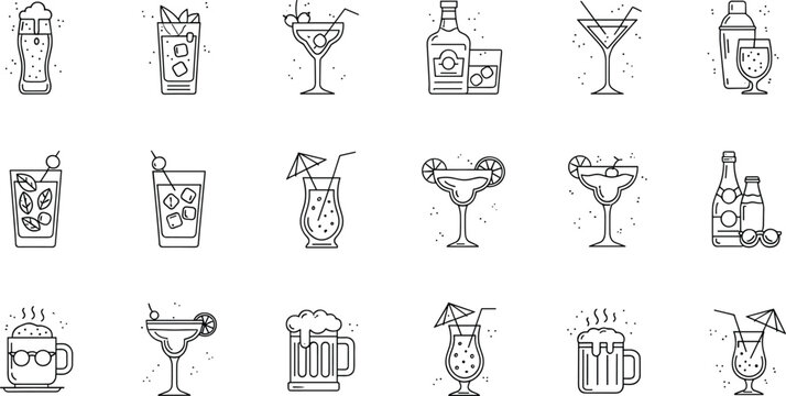 Alcohol beverage and cocktail icon set illustration, beer wine spirits glasses collection, bar menu drink symbols, outline vector design, style