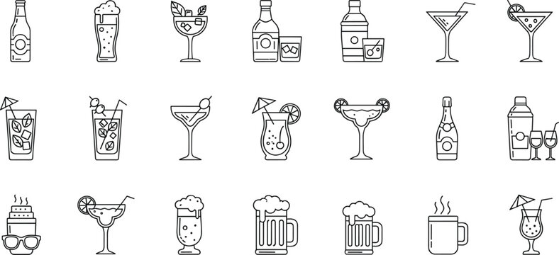 Alcohol drinks and cocktail icon set illustration, beer wine spirits glasses collection, bar menu beverage symbols, outline vector design