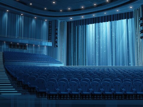 Empty modern theater auditorium with plush blue seats and dramatic stage lighting creating an atmospheric ambiance