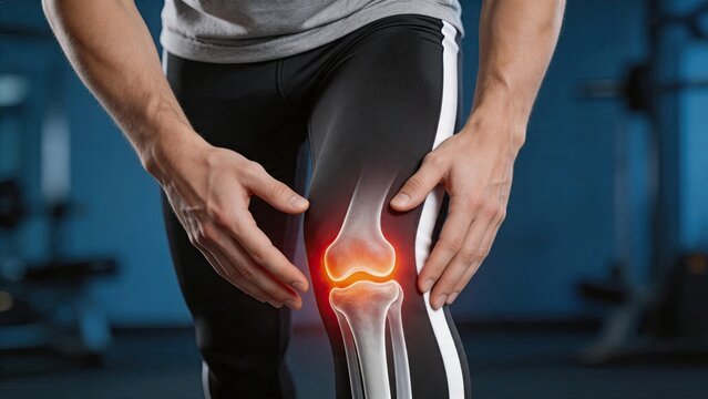 Athlete holding knee in pain, medical x-ray overlay showing joint injury and bone structure, gym background, sports trauma concept, orthopedic healthcare diagnosis, rehabilitation