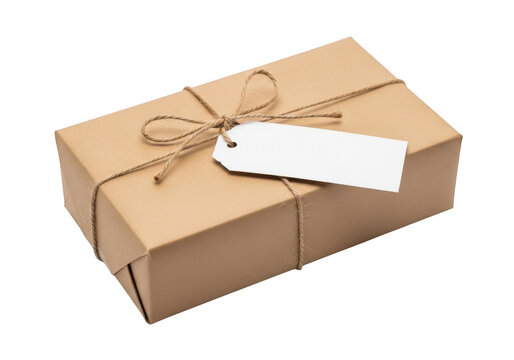 Elegant brown gift box wrapped with twine string and blank white tag isolated on transparent background