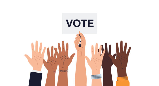 Diverse group of people raising their hands in the air with one hand holding a sign that says VOTE for political participation.