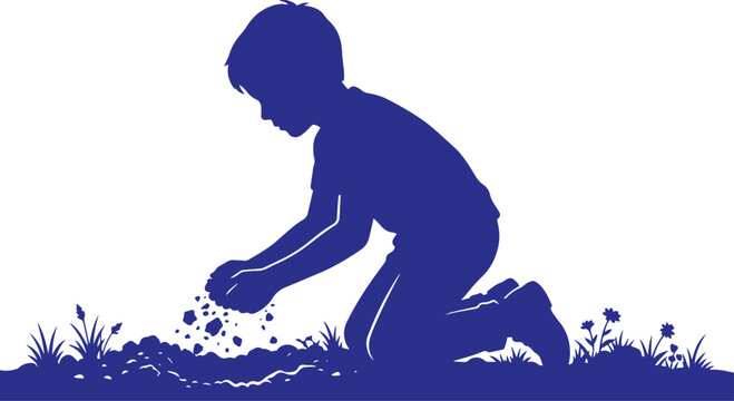Child playing in dirt, young boy kneeling and sifting soil, silhouette of kid gardening, outdoor activity vector illustration isolated on White Background