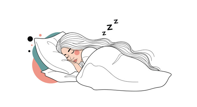 Woman with very long hair sleeping soundly in her bed under a white blanket, portraying a peaceful and comfortable rest.