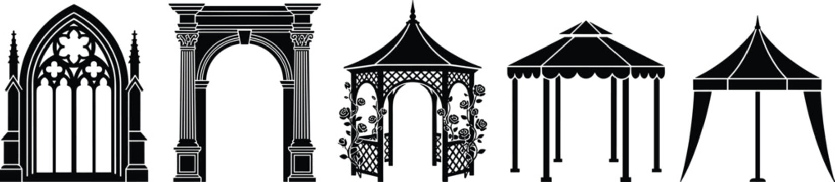 Architectural arch and gazebo silhouette set featuring decorative archways and outdoor pavilion structures in solid black style
