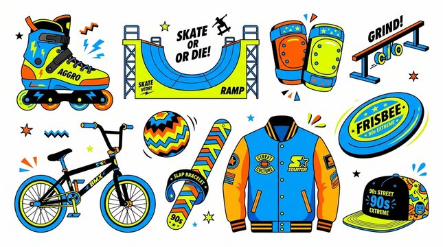 90s Sports Extreme Rollerblading Skateboard Street Culture Vector Set