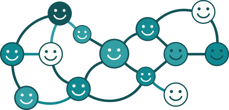 Social network connection map with happy face icons, teal community networking vector, people group communication and teamwork concept