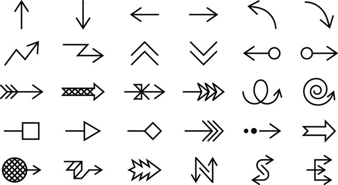 Arrow line icon set with directional, curved, zigzag, chevron, and navigation arrow symbols