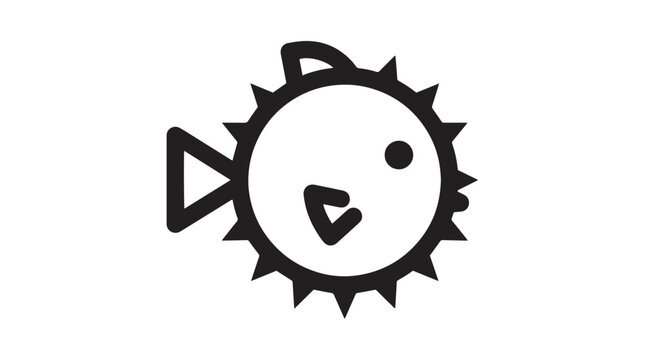 Simple black and white vector illustration of a puffer fish with a round spiked body shape