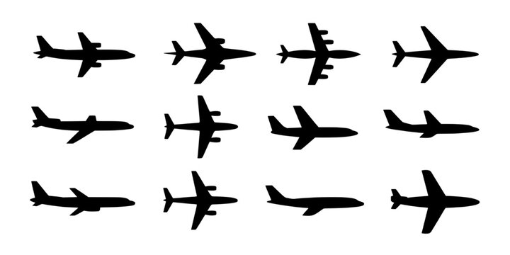Airplanes set with various silhouettes and angles for design use featuring airplane, aviation, flight with travel and transport elements for