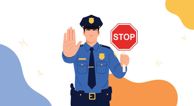 Firm police officer in a blue uniform and cap holds up one hand and a red stop sign to control traffic or prohibit entry.