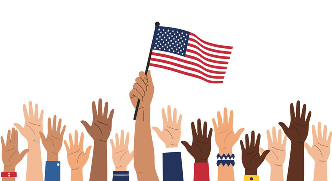 Diverse hands of various skin colors are raised in a crowd with one central hand proudly holding a small American flag high.
