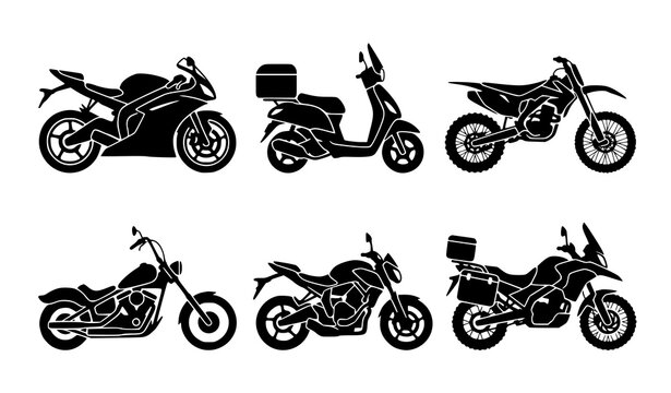 Motorcycle silhouette vector set with race bike scooter and chopper icons