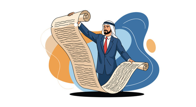 Arab businessman in a formal suit stands proudly holding an exceptionally long paper scroll with text, symbolizing a extensive list or contract.