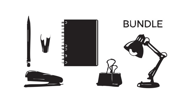 Office supplies bundle icons pencil eraser notebook stapler binder clip desk lamp illustration.
