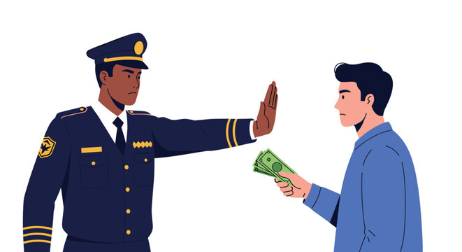 Police officer in uniform raises his hand in a stop gesture, refusing a bribe offered by a young man holding cash, depicting law and integrity.
