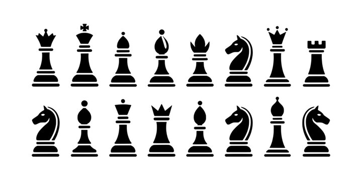 Chess pieces icon set with black silhouettes, king queen rook bishop knight pawn figures for board games and tactics