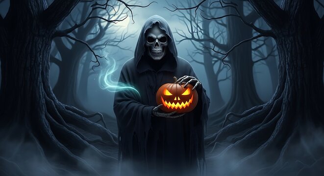 Scary zombie monster holding jack-o-lantern in dark forest