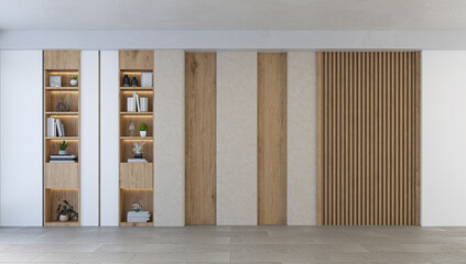 3D render of a serene Japandi style interior background featuring light oak wood shelving, beige stone or plaster panels, and vertical wooden slats. Ideal for natural, eco-friendly, or minimalist prod © rittisak