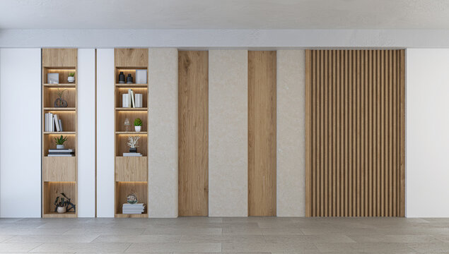 3D render of a serene Japandi style interior background featuring light oak wood shelving, beige stone or plaster panels, and vertical wooden slats. Ideal for natural, eco-friendly, or minimalist prod