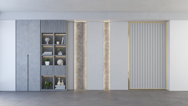 3D render of a contemporary luxury interior background featuring grey concrete textures, white panels, display shelves, and elegant vertical LED strip lighting alongside a slatted wall. Ideal for prem
