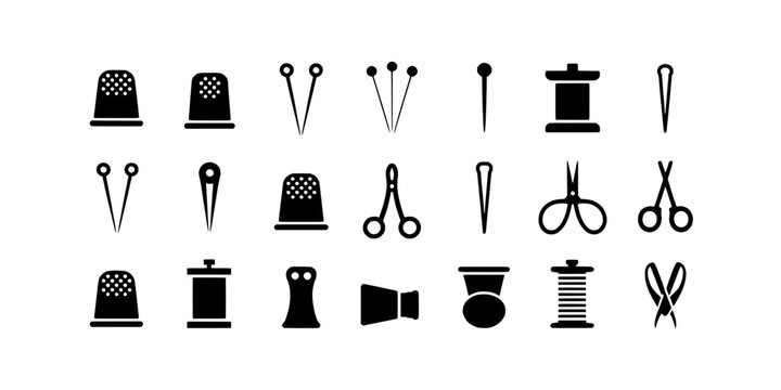 Sewing tools set with thimbles, needles, scissors, and spools of thread featuring thimble, needle, spool with crafting and embroidery elements, clean