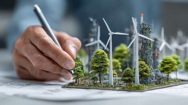 Miniature model of wind turbines and solar panels with trees in a renewable energy farm