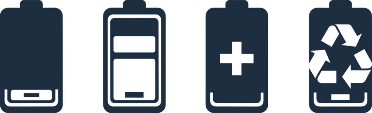 Battery icon set showing full empty charging medical recycle symbols, power energy status indicators, minimal flat vector illustration for apps