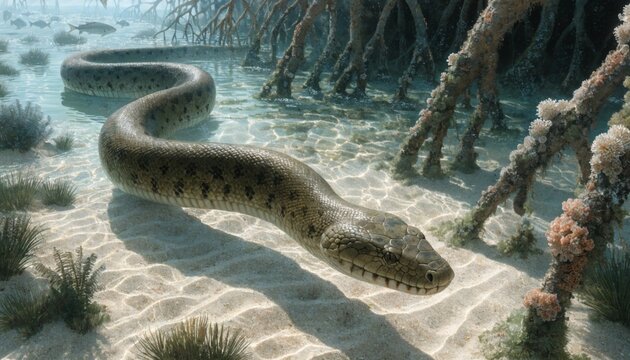 Prehistoric marine snake Palaeophis swimming in a shallow Eocene ocean habitat