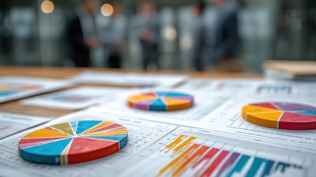Colorful pie charts and bar graphs on a wooden table in a modern office setting