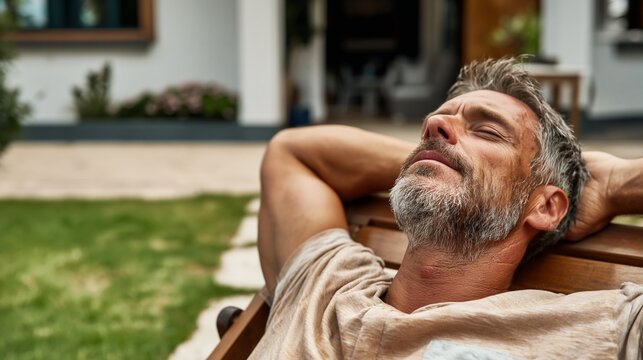 Mature man with a salt and pepper beard enjoying peaceful relaxation in a wooden lounge chair, eyes closed, resting in his backyard on a sunny day