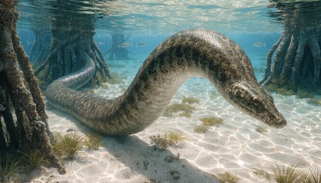 Prehistoric marine snake Palaeophis swimming in a shallow Eocene ocean habitat