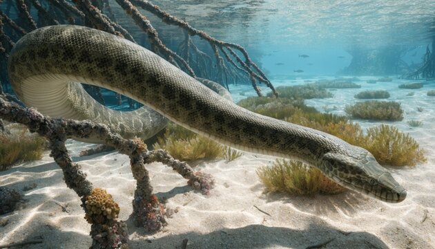 Prehistoric marine snake Palaeophis swimming in a shallow Eocene ocean habitat
