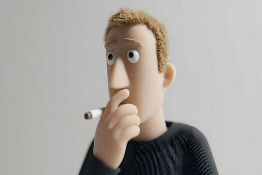 Clay character man thinking while smoking, depicting nicotine addiction and the challenges of breaking a bad habit, showing a moment of contemplation or craving