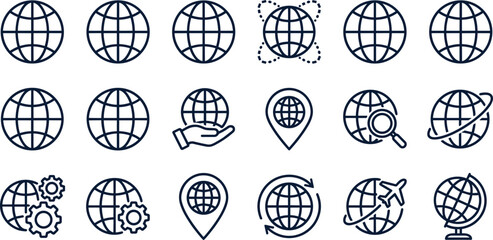 Blue globe icon set, global connectivity symbols, travel and location icons, international business and network vector pack © allustra