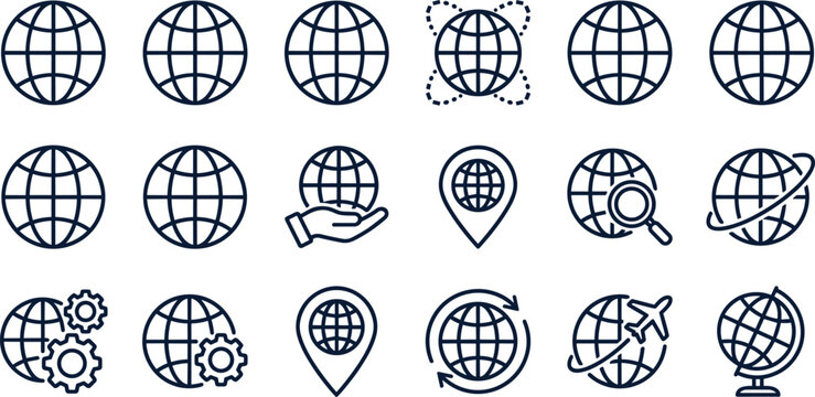 Blue globe icon set, global connectivity symbols, travel and location icons, international business and network vector pack