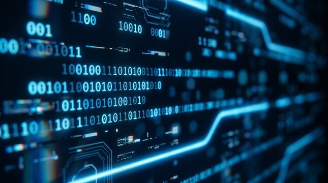 Abstract Digital Data Flowing with Blue Binary Code and Futuristic Circuitry