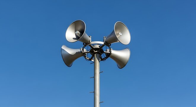 Four silver loudspeakers mounted on a pole against blue sky