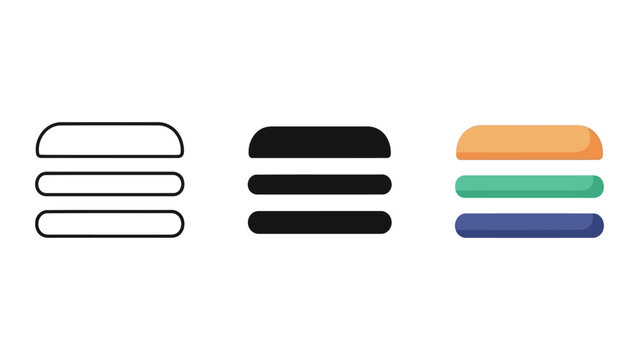 Hamburger menu icon set in outline solid and flat vector styles