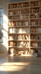 Obraz premium Warm Natural Light Streams Through Tall Bookshelves Filled with Numerous Books in a Cozy Room