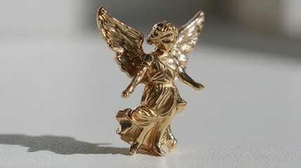 Fototapeta premium Golden Angel Figurine with Spread Wings on White Reflective Surface