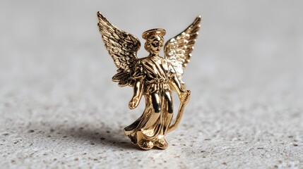 Fototapeta premium Golden Angel Figurine with Spread Wings on White Reflective Surface