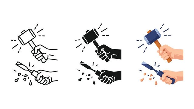 Hand holding mallet and chisel vector illustration set