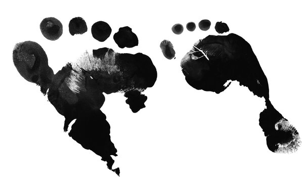 Black footprint stamps isolated on transparent background, artistic and abstract impression of human feet, creative artistic elements for design.