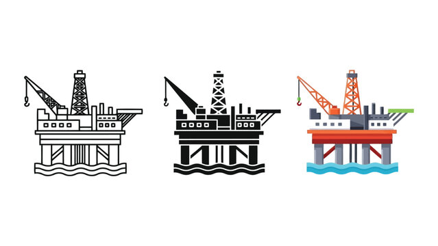 Oil rig platform vector illustration set in line art silhouette and flat style