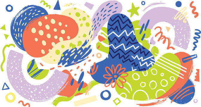 Vibrant abstract composition with colorful shapes and patterns on white background